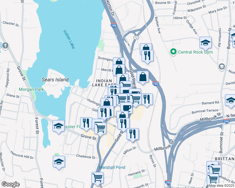 map of restaurants, bars, coffee shops, grocery stores, and more near 98 Massachusetts 12 in Worcester