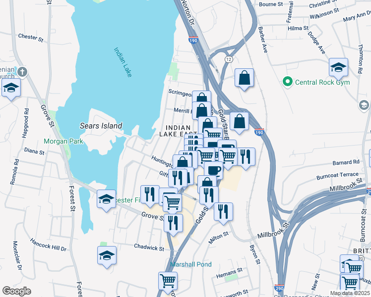 map of restaurants, bars, coffee shops, grocery stores, and more near 4 Loring Street in Worcester