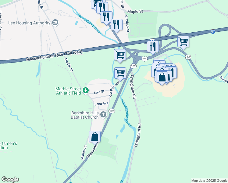 map of restaurants, bars, coffee shops, grocery stores, and more near 97-115 Old Pleasant Street in Lee
