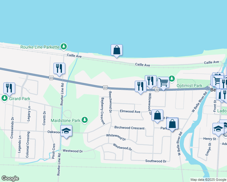 map of restaurants, bars, coffee shops, grocery stores, and more near 208 Beechwood Drive in Belle River