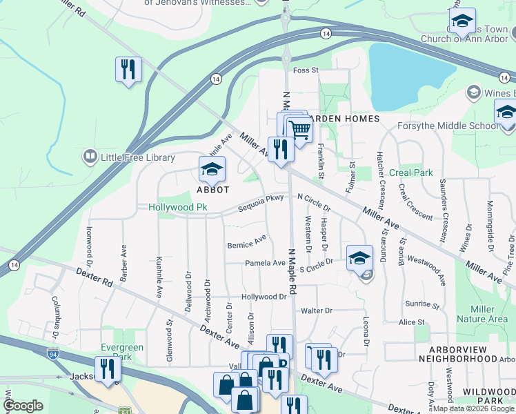 map of restaurants, bars, coffee shops, grocery stores, and more near 905 Patricia Avenue in Ann Arbor