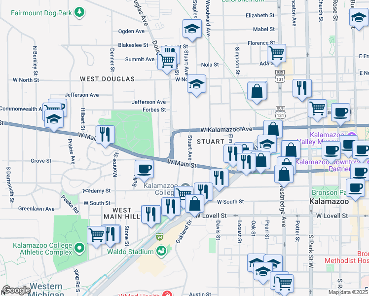 map of restaurants, bars, coffee shops, grocery stores, and more near 216 Stuart Avenue in Kalamazoo