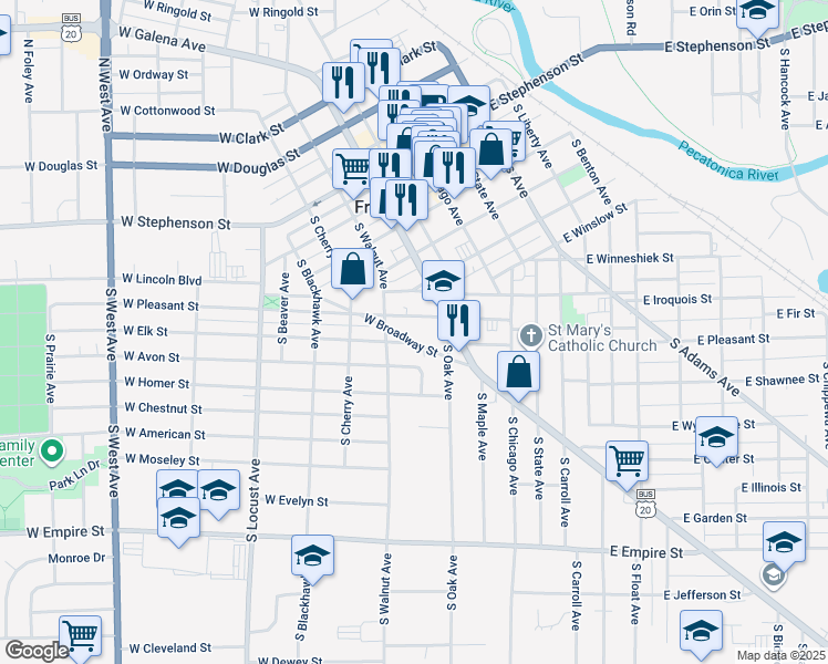 map of restaurants, bars, coffee shops, grocery stores, and more near 236 2361/2 West Broadway Street in Freeport