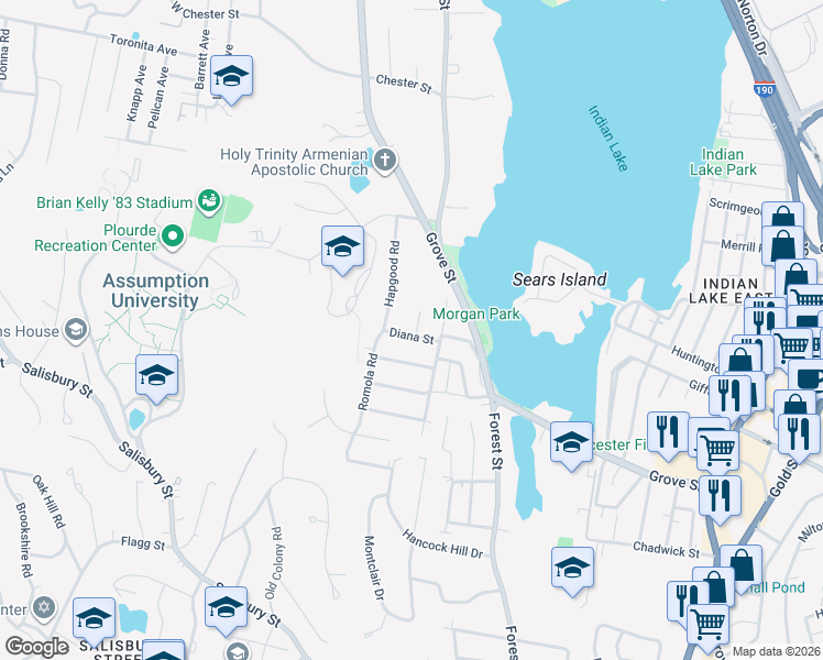 map of restaurants, bars, coffee shops, grocery stores, and more near 1 Waycross Street in Worcester