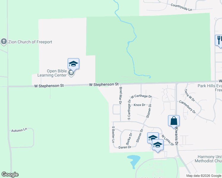 map of restaurants, bars, coffee shops, grocery stores, and more near 3501 West Stephenson Street in Freeport