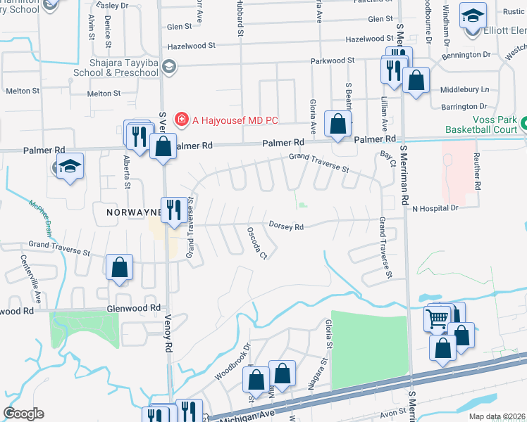 map of restaurants, bars, coffee shops, grocery stores, and more near 32209 Ontonagon Street in Westland