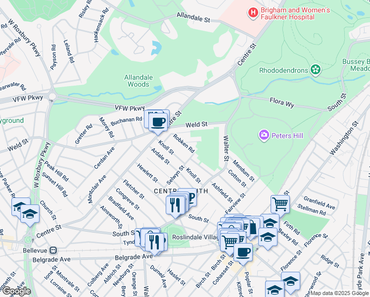 map of restaurants, bars, coffee shops, grocery stores, and more near 51 Knoll Street in Boston