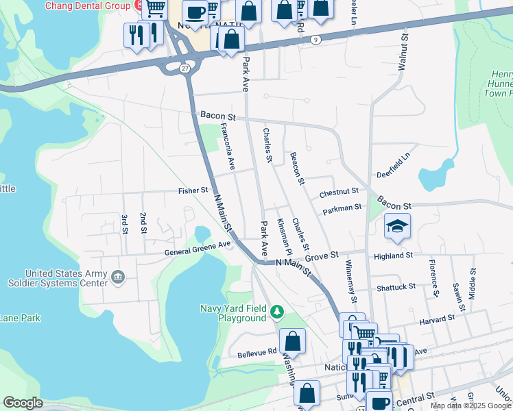 map of restaurants, bars, coffee shops, grocery stores, and more near 18 Park Avenue in Natick