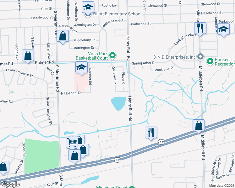 map of restaurants, bars, coffee shops, grocery stores, and more near 30585 Hogan Lane in Westland