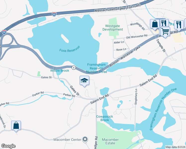 map of restaurants, bars, coffee shops, grocery stores, and more near 1450 Worcester Road in Framingham