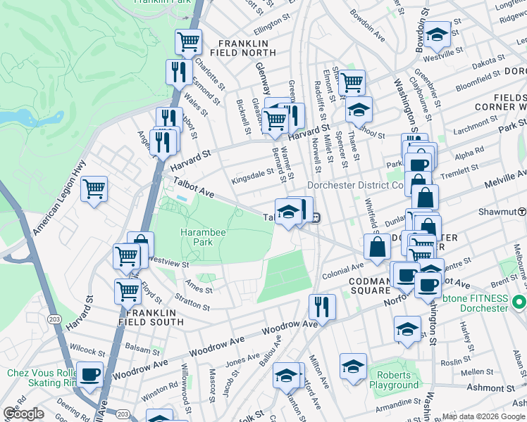 map of restaurants, bars, coffee shops, grocery stores, and more near 126 Talbot Avenue in Boston