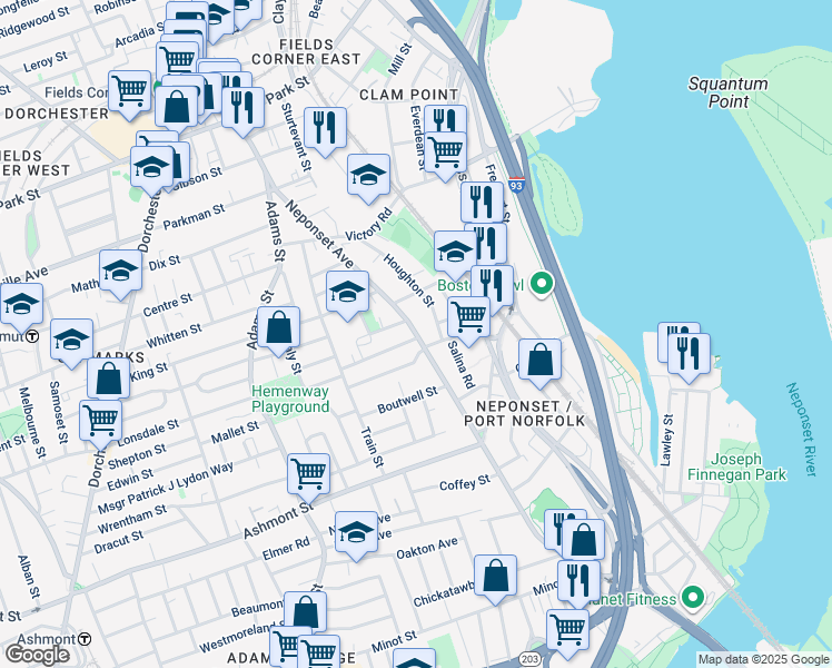 map of restaurants, bars, coffee shops, grocery stores, and more near in Boston