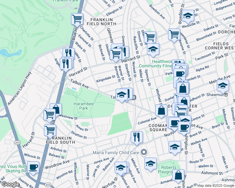 map of restaurants, bars, coffee shops, grocery stores, and more near 155 Talbot Avenue in Boston