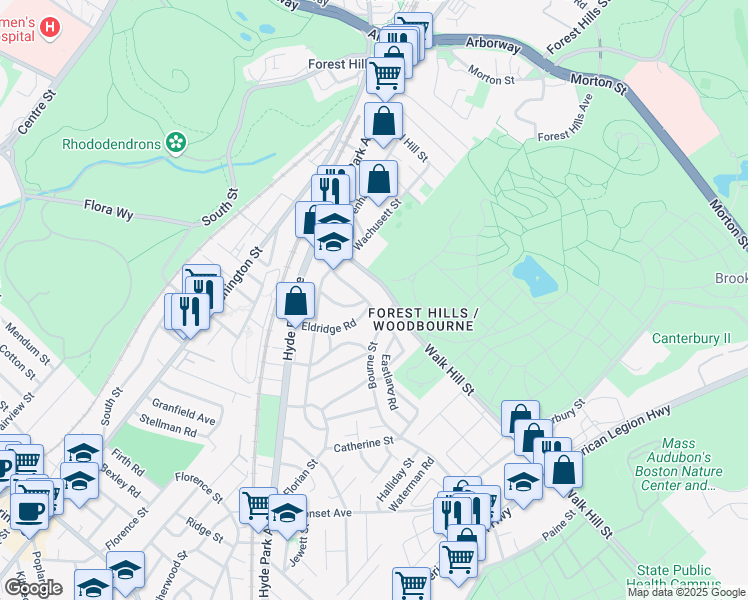 map of restaurants, bars, coffee shops, grocery stores, and more near 72 Eldridge Road in Boston