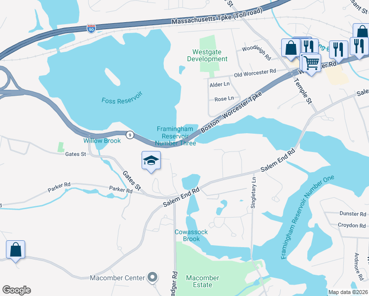 map of restaurants, bars, coffee shops, grocery stores, and more near 1290 Worcester Road in Framingham