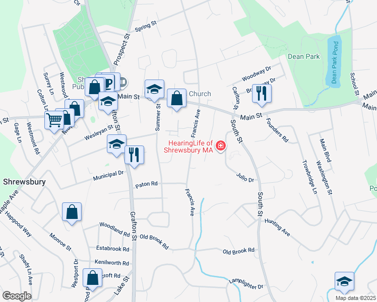map of restaurants, bars, coffee shops, grocery stores, and more near 56 Francis Avenue in Shrewsbury