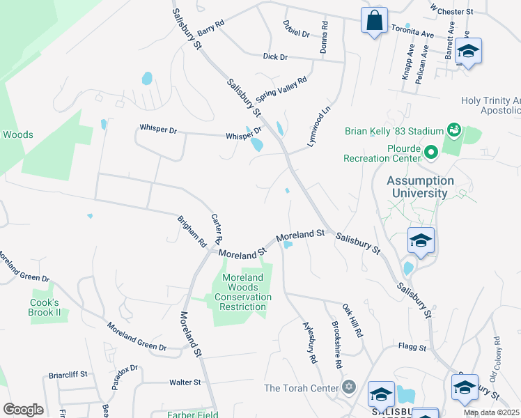 map of restaurants, bars, coffee shops, grocery stores, and more near 629 Salisbury Street in Worcester