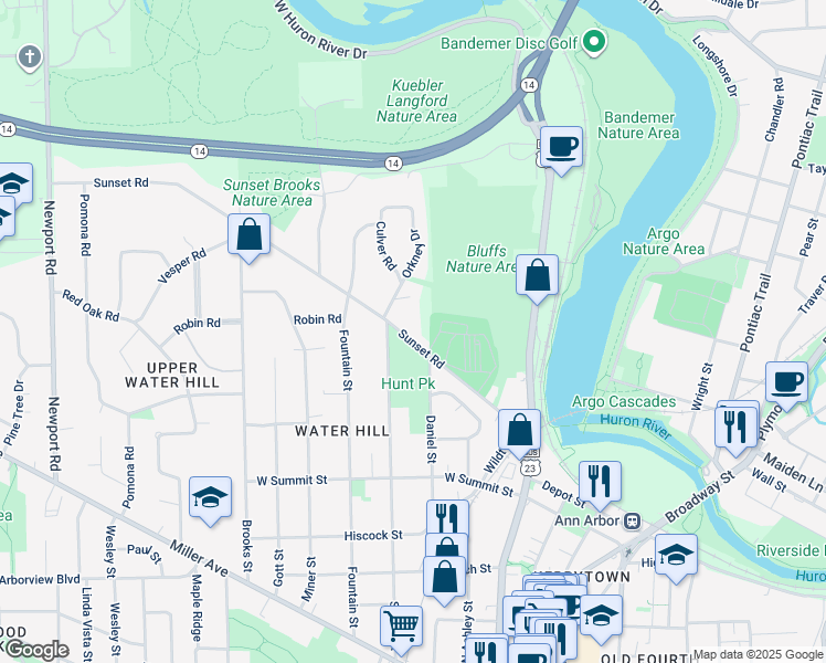 map of restaurants, bars, coffee shops, grocery stores, and more near 1030 Daniel Street in Ann Arbor