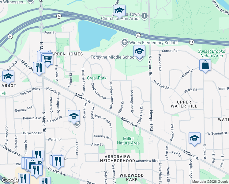 map of restaurants, bars, coffee shops, grocery stores, and more near 1200 Saunders Crescent in Ann Arbor