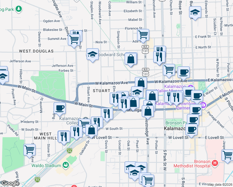 map of restaurants, bars, coffee shops, grocery stores, and more near 127 Elm Street in Kalamazoo