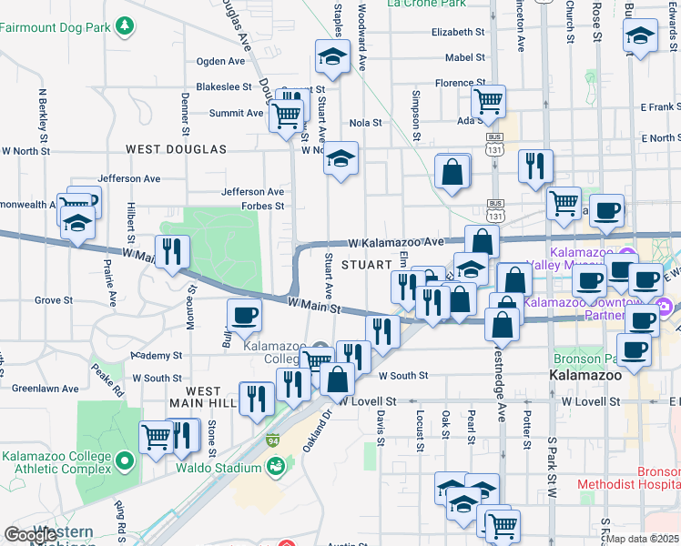 map of restaurants, bars, coffee shops, grocery stores, and more near 216 Stuart Avenue in Kalamazoo