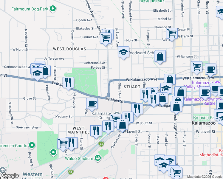 map of restaurants, bars, coffee shops, grocery stores, and more near 1102 West Main Street in Kalamazoo