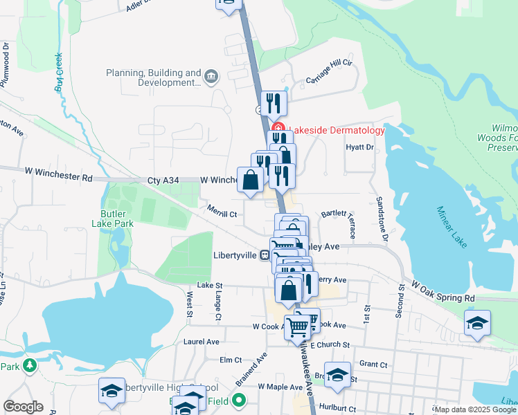 map of restaurants, bars, coffee shops, grocery stores, and more near 212 Johnson Avenue in Libertyville