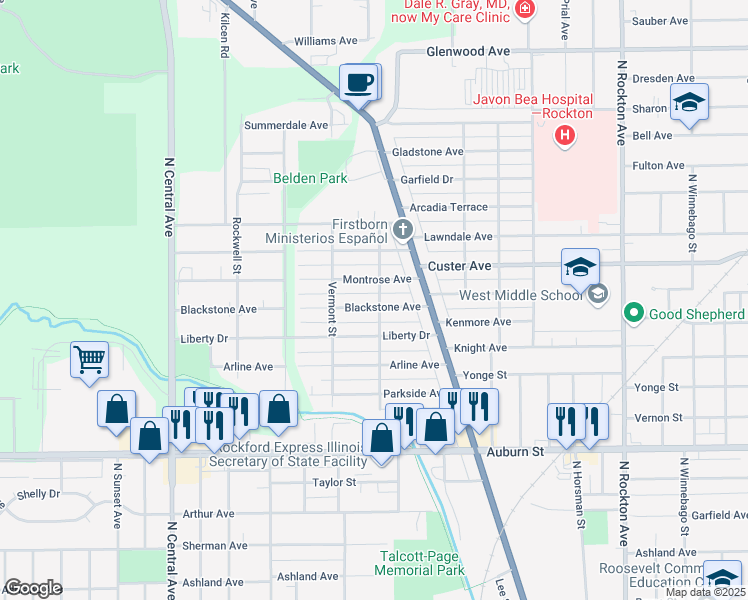 map of restaurants, bars, coffee shops, grocery stores, and more near 3202 Blackstone Avenue in Rockford