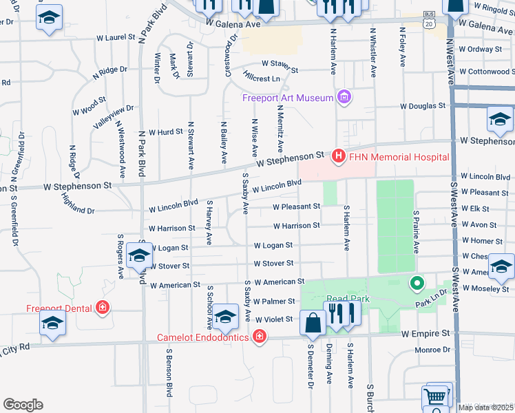 map of restaurants, bars, coffee shops, grocery stores, and more near 1274 West Harrison Street in Freeport