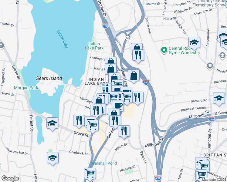 map of restaurants, bars, coffee shops, grocery stores, and more near 98 Massachusetts 12 in Worcester