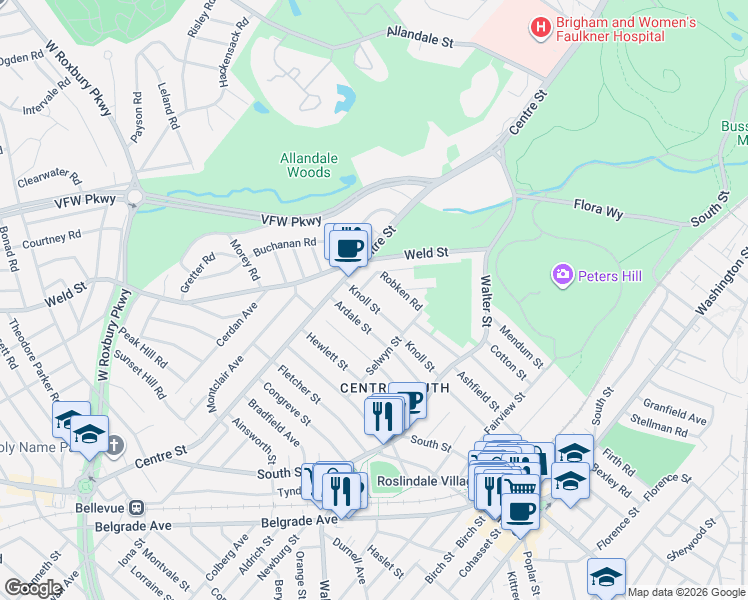 map of restaurants, bars, coffee shops, grocery stores, and more near 90 Ardale Street in Boston