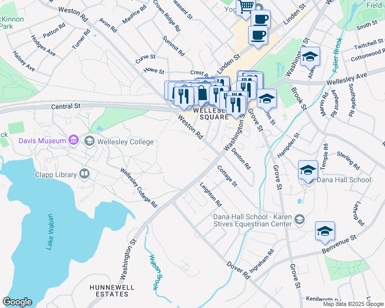 map of restaurants, bars, coffee shops, grocery stores, and more near 18 Lovewell Road in Wellesley
