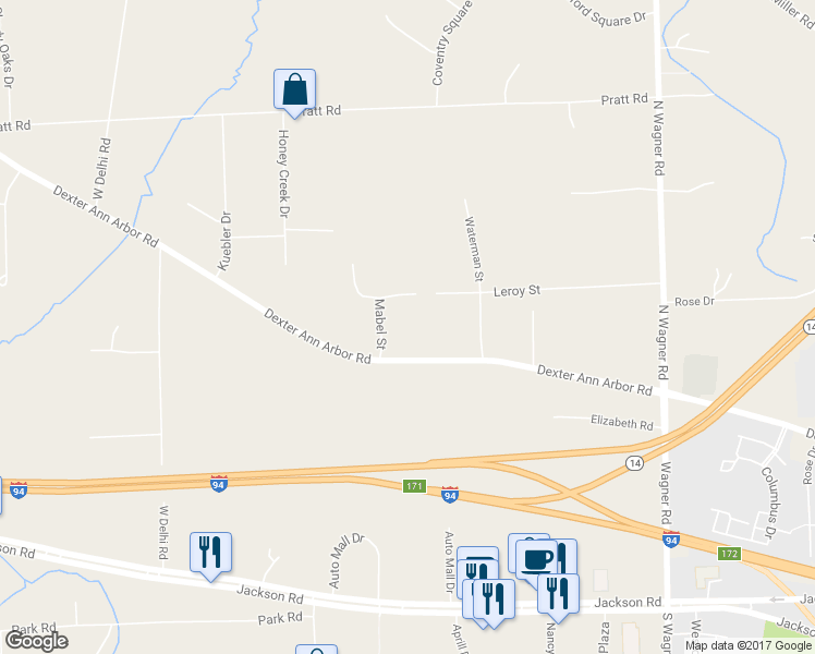 map of restaurants, bars, coffee shops, grocery stores, and more near 3940 Dexter Ann Arbor Road in Ann Arbor