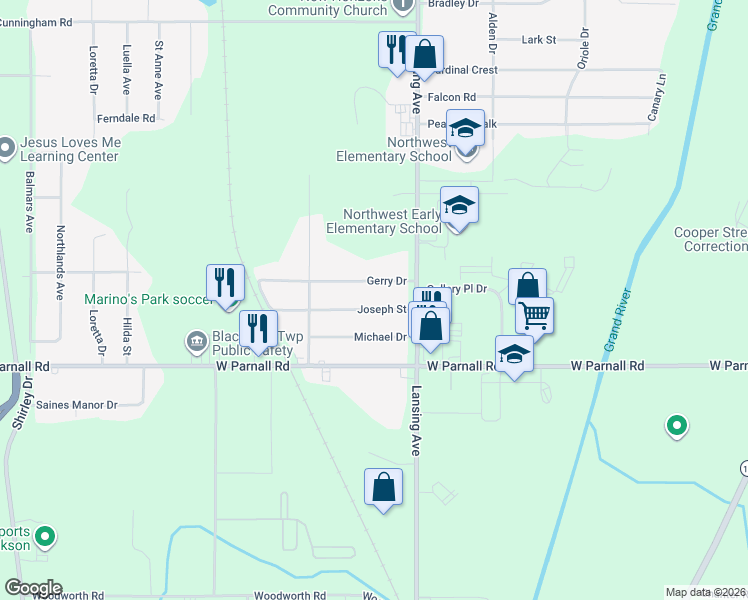 map of restaurants, bars, coffee shops, grocery stores, and more near 1317 Joseph Street in Jackson