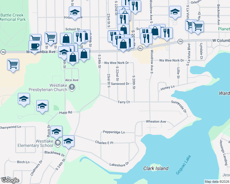 map of restaurants, bars, coffee shops, grocery stores, and more near 257 South 22nd Street in Battle Creek