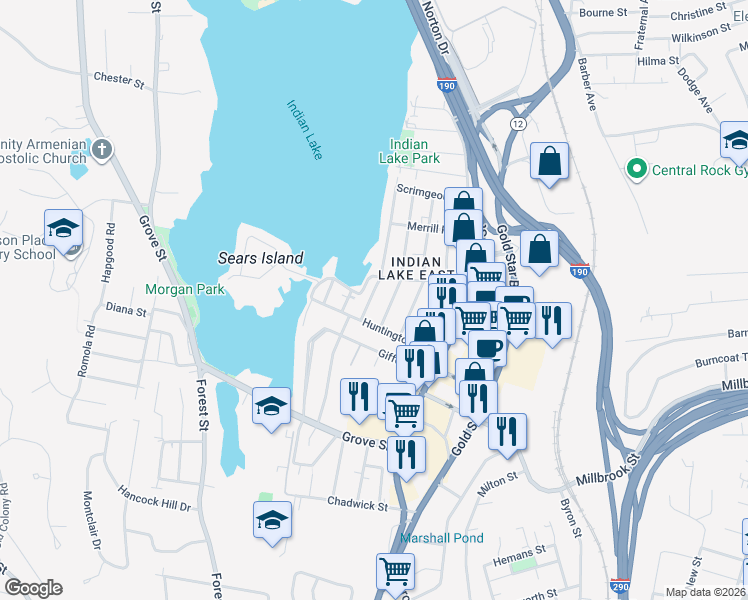 map of restaurants, bars, coffee shops, grocery stores, and more near 2 Boyd Street in Worcester