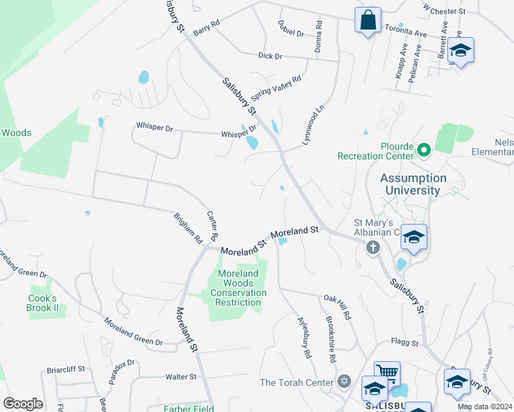 map of restaurants, bars, coffee shops, grocery stores, and more near 629 Salisbury Street in Worcester