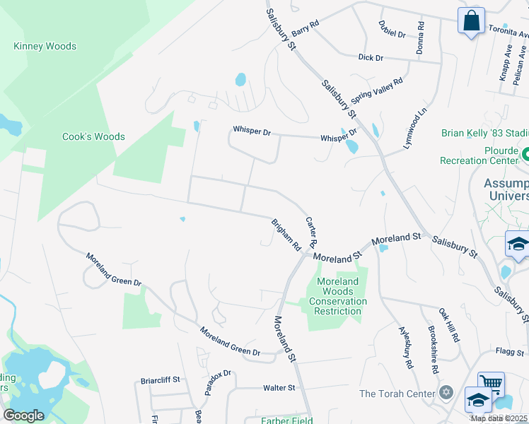 map of restaurants, bars, coffee shops, grocery stores, and more near 40 Brigham Road in Worcester