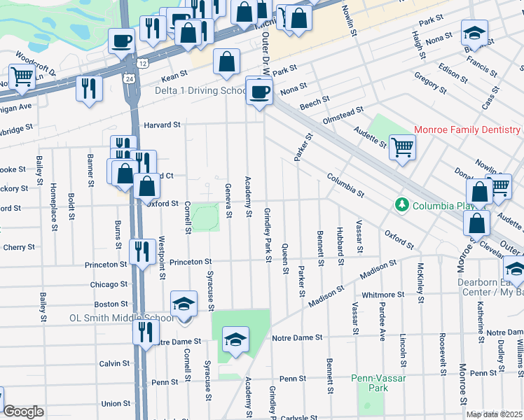 map of restaurants, bars, coffee shops, grocery stores, and more near 2714 Grindley Park Street in Dearborn