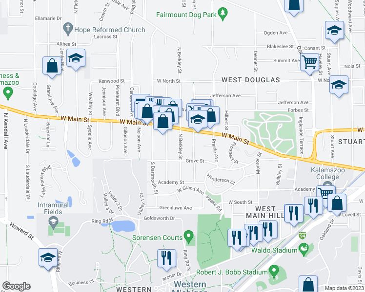 map of restaurants, bars, coffee shops, grocery stores, and more near 136 North Berkley Street in Kalamazoo