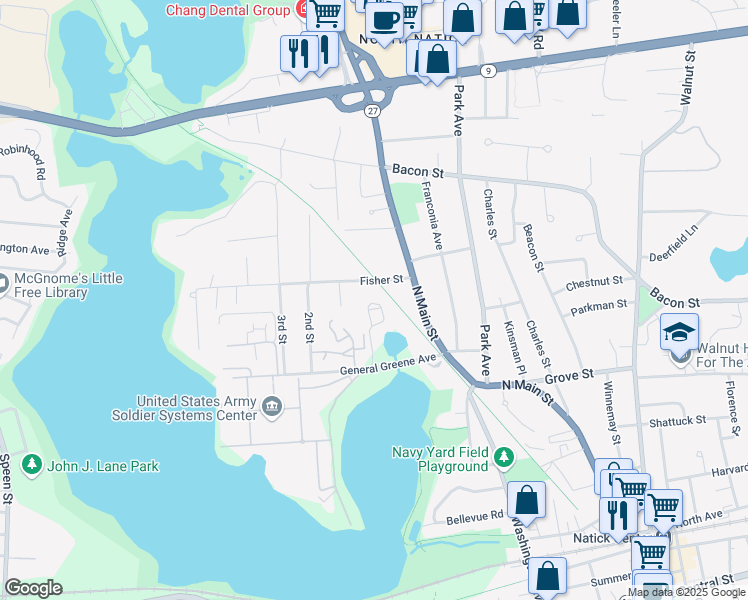 map of restaurants, bars, coffee shops, grocery stores, and more near 11 Heritage Lane in Natick