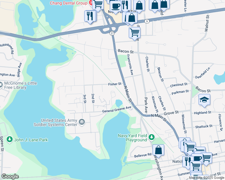 map of restaurants, bars, coffee shops, grocery stores, and more near 11 Heritage Lane in Natick