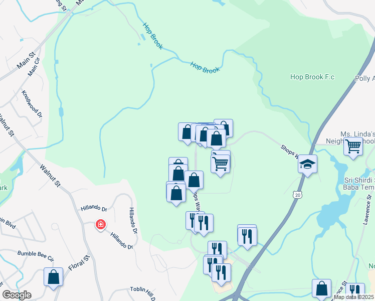 map of restaurants, bars, coffee shops, grocery stores, and more near 7102 Shops Way in Northborough