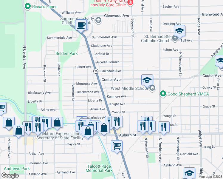 map of restaurants, bars, coffee shops, grocery stores, and more near 3006 Ridgeway Avenue in Rockford
