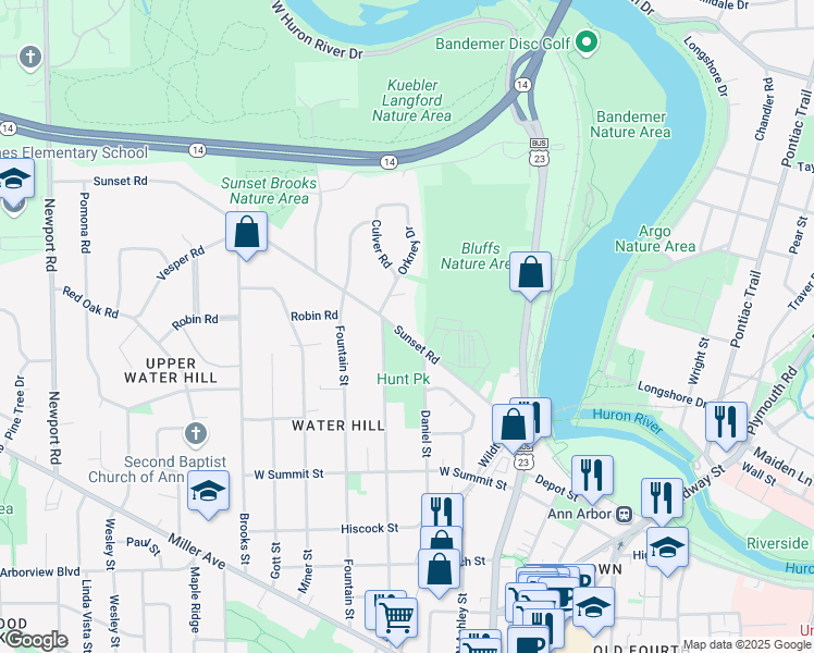 map of restaurants, bars, coffee shops, grocery stores, and more near 428 Sunset Road in Ann Arbor