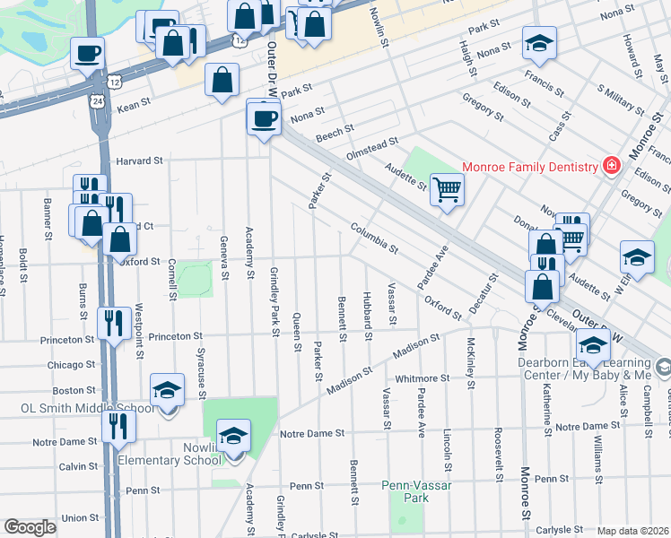 map of restaurants, bars, coffee shops, grocery stores, and more near 2724 Bennett Street in Dearborn