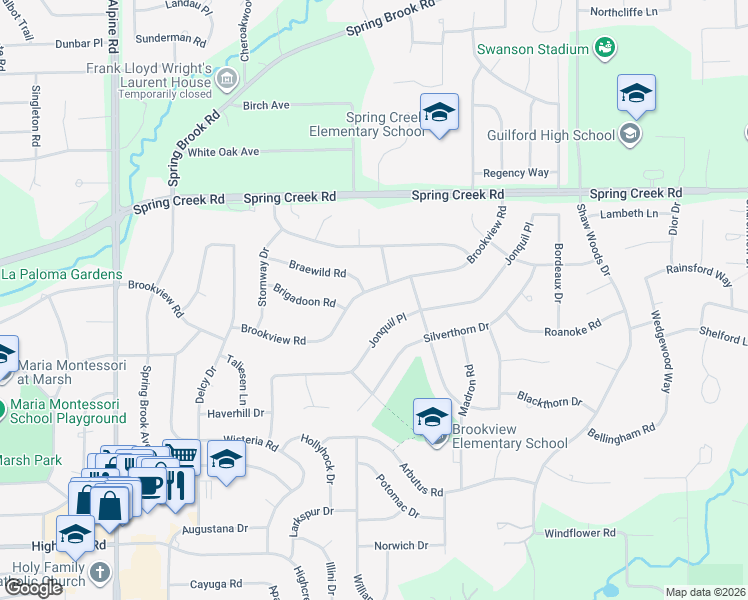 map of restaurants, bars, coffee shops, grocery stores, and more near 2232 Jonquil Place in Rockford