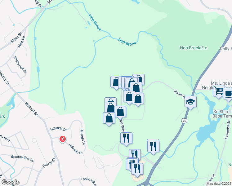 map of restaurants, bars, coffee shops, grocery stores, and more near 7102 Shops Way in Northborough