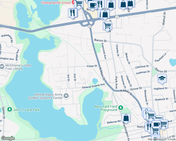 map of restaurants, bars, coffee shops, grocery stores, and more near 15 Heritage Lane in Natick