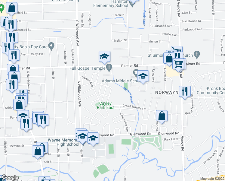 map of restaurants, bars, coffee shops, grocery stores, and more near 2103 Emerson Street in Westland